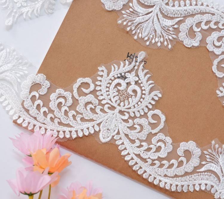 1 Yard Pair White Sequined Beaded Corded Embroidered 3D Floral Bridal Lace Trim Applique Material XB142