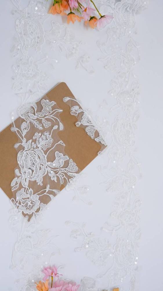 1 Yard Pair White Sequined Beaded Corded Embroidered 3D Floral Bridal Lace Trim Applique Material XB114