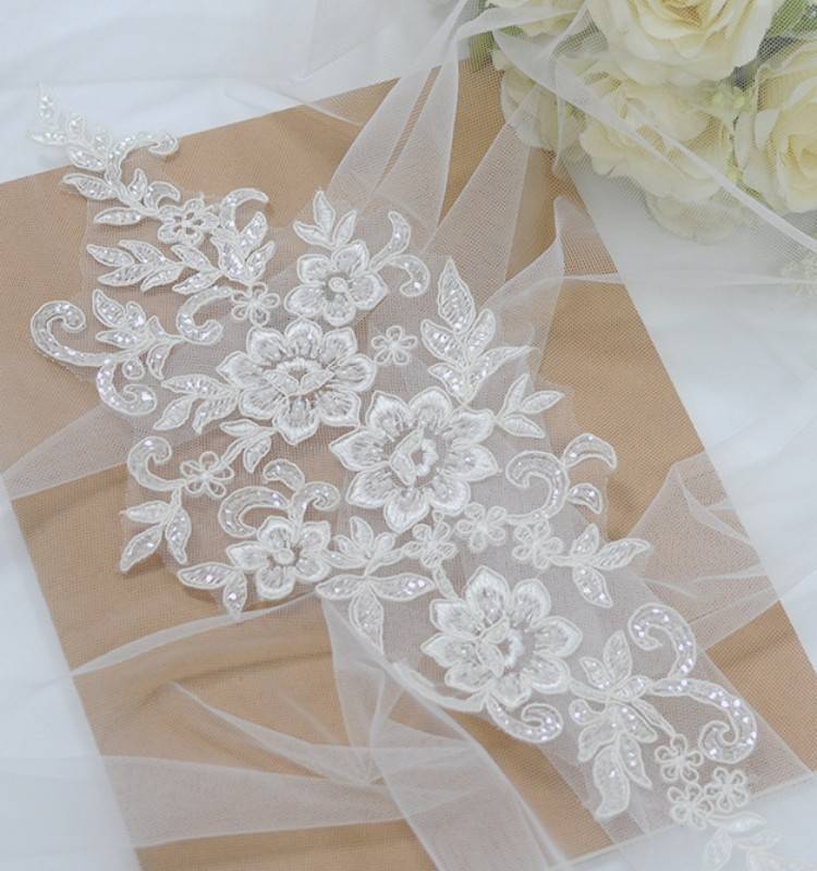 1 Yard Pair White Sequined Beaded Corded Embroidered 3D Floral Bridal Lace Trim Applique Material XB116