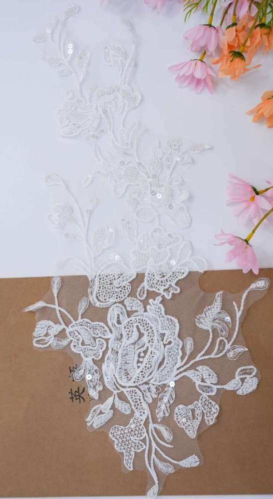 1 Yard Pair White Sequined Beaded Corded Embroidered 3D Floral Bridal Lace Trim Applique Material XB114