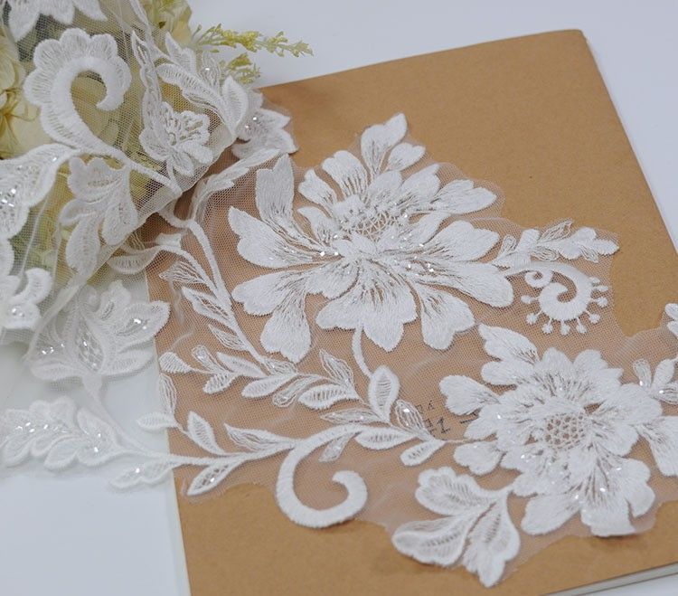 1 Yard Pair White Sequined Beaded Corded Embroidered 3D Floral Bridal Lace Trim Applique Material XB031