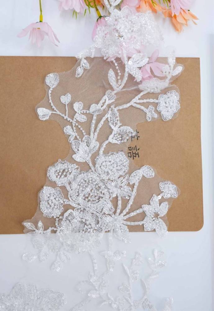 1 Pair White Sequined Beaded Embroidered Bridal Lace Applique Material XB113