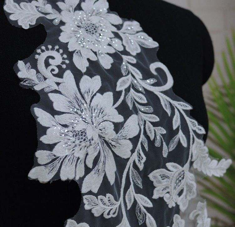 1 Yard Pair White Sequined Beaded Corded Embroidered 3D Floral Bridal Lace Trim Applique Material XB031