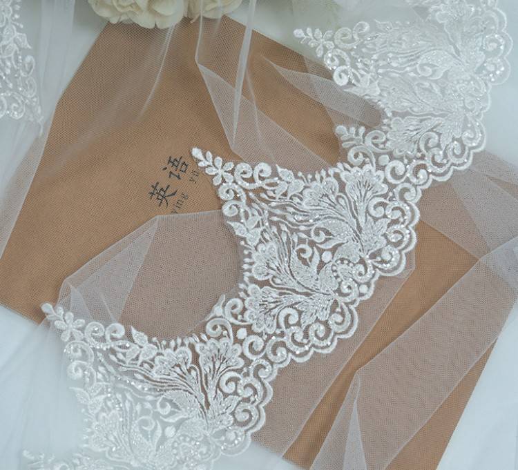 1 Yard Pair White Sequined Beaded Corded Embroidered 3D Floral Bridal Lace Trim Applique Material XB135