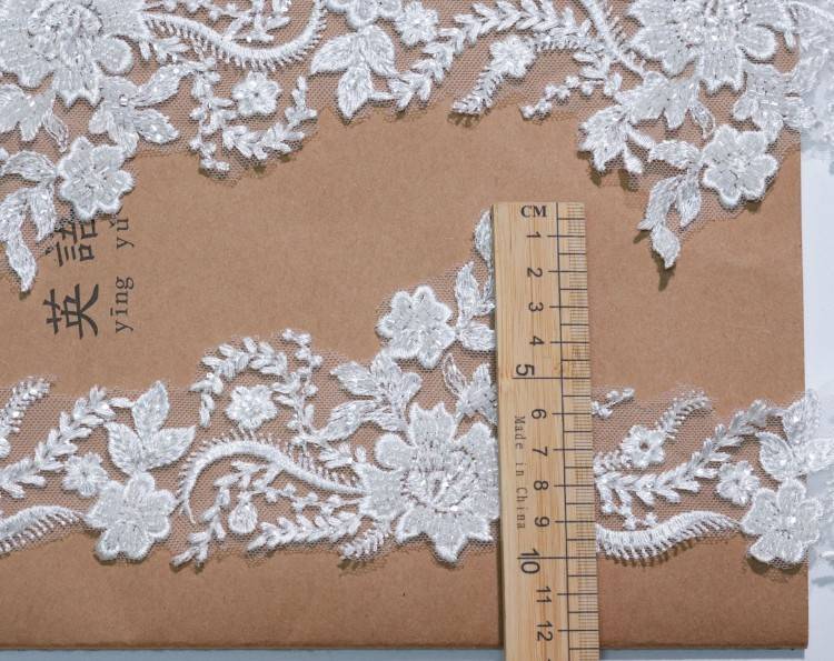 1 Yard Pair White Sequined Beaded Corded Embroidered 3D Floral Bridal Lace Trim Applique Material XB145