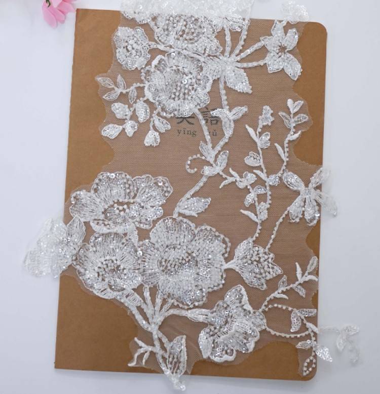 1 Pair White Sequined Beaded Embroidered Bridal Lace Applique Material XB113