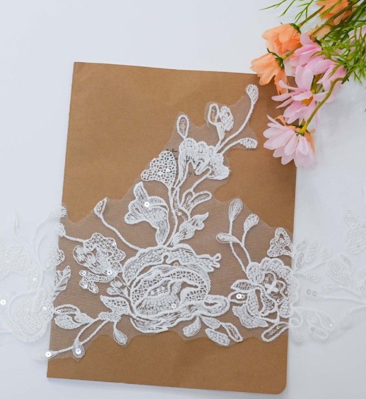 1 Yard Pair White Sequined Beaded Corded Embroidered 3D Floral Bridal Lace Trim Applique Material XB114