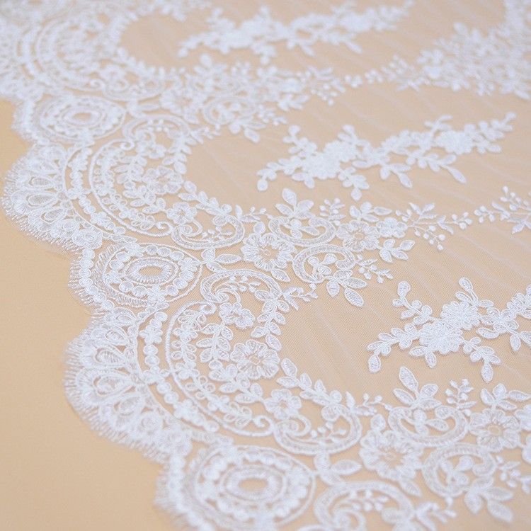 1 Yard Pair White Sequined Beaded Corded Embroidered 3D Floral Bridal Lace Trim Applique Material XB140