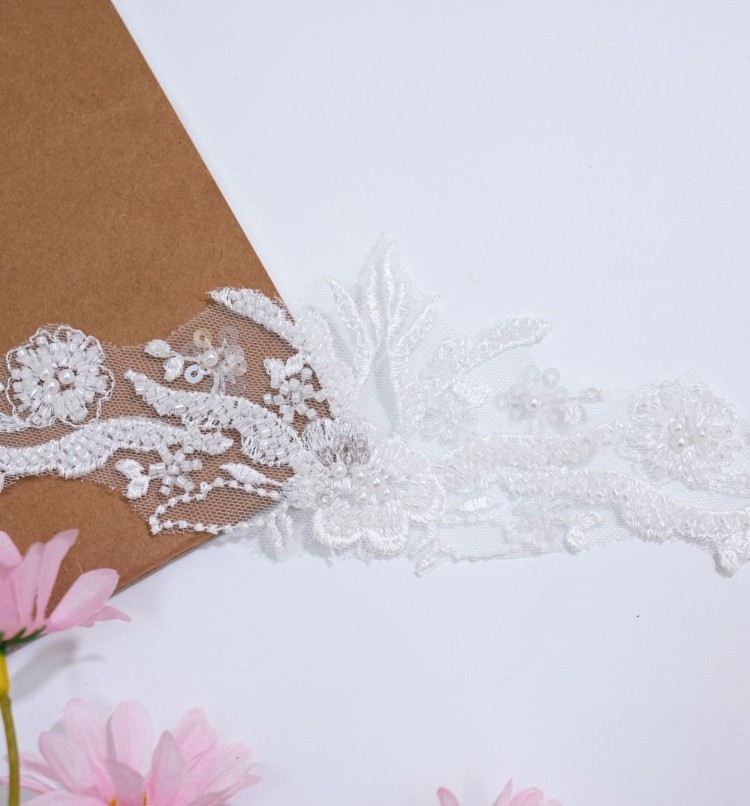 1 Yard Pair White Sequined Beaded Corded Embroidered 3D Floral Bridal Lace Trim Applique Material XB117