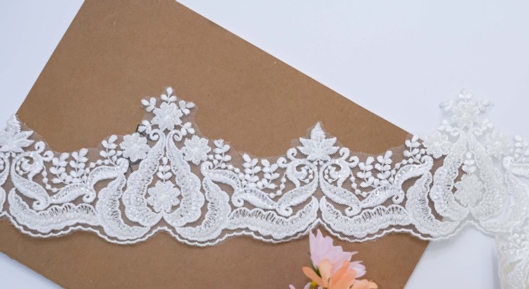 1 Yard Pair White Sequined Beaded Corded Embroidered 3D Floral Bridal Lace Trim Applique Material XB124