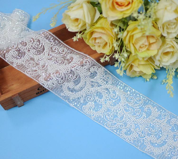 1 Yard Pair White Sequined Beaded Corded Embroidered 3D Floral Bridal Lace Trim Applique Material XB132