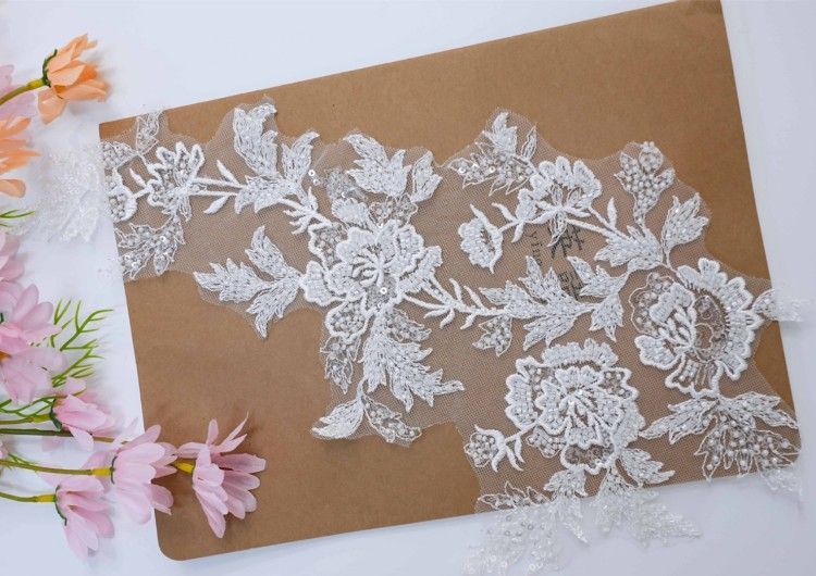 1 Yard Pair White Sequined Beaded Corded Embroidered 3D Floral Bridal Lace Trim Applique Material XB139