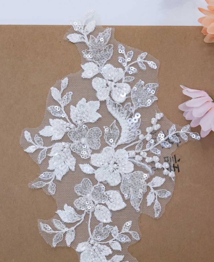 1 Yard Pair White Sequined Beaded Corded Embroidered 3D Floral Bridal Lace Trim Applique Material XB143