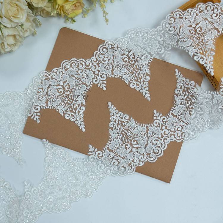 1 Yard Pair White Sequined Beaded Corded Embroidered 3D Floral Bridal Lace Trim Applique Material XB135