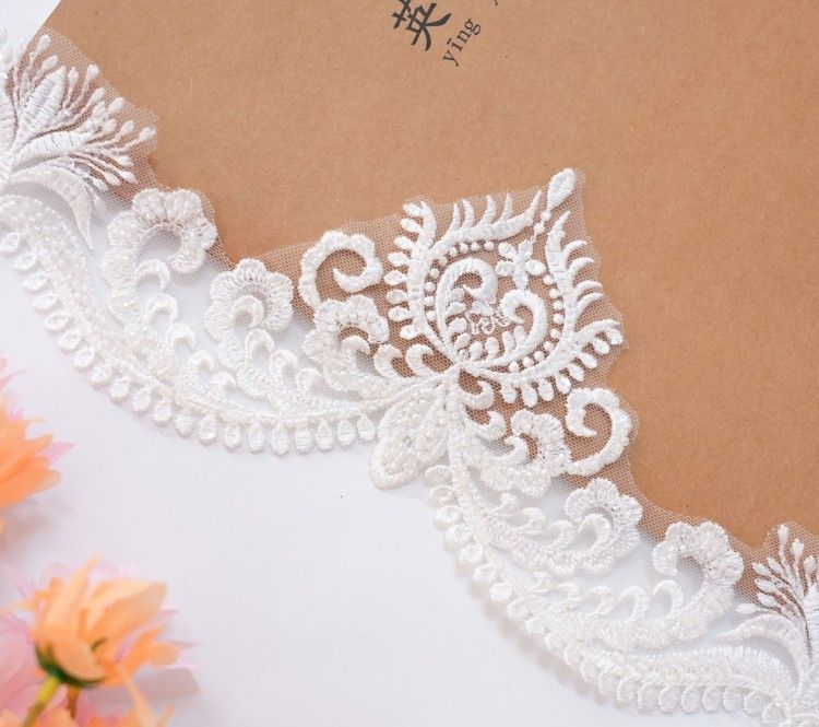 1 Yard Pair White Sequined Beaded Corded Embroidered 3D Floral Bridal Lace Trim Applique Material XB142