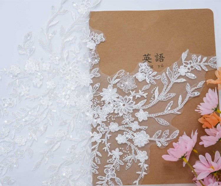 1 Yard Pair White Sequined Beaded Corded Embroidered 3D Floral Bridal Lace Trim Applique Material XB134