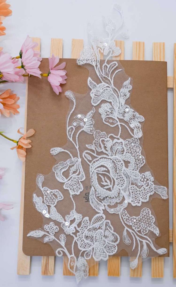 1 Yard Pair White Sequined Beaded Corded Embroidered 3D Floral Bridal Lace Trim Applique Material XB114