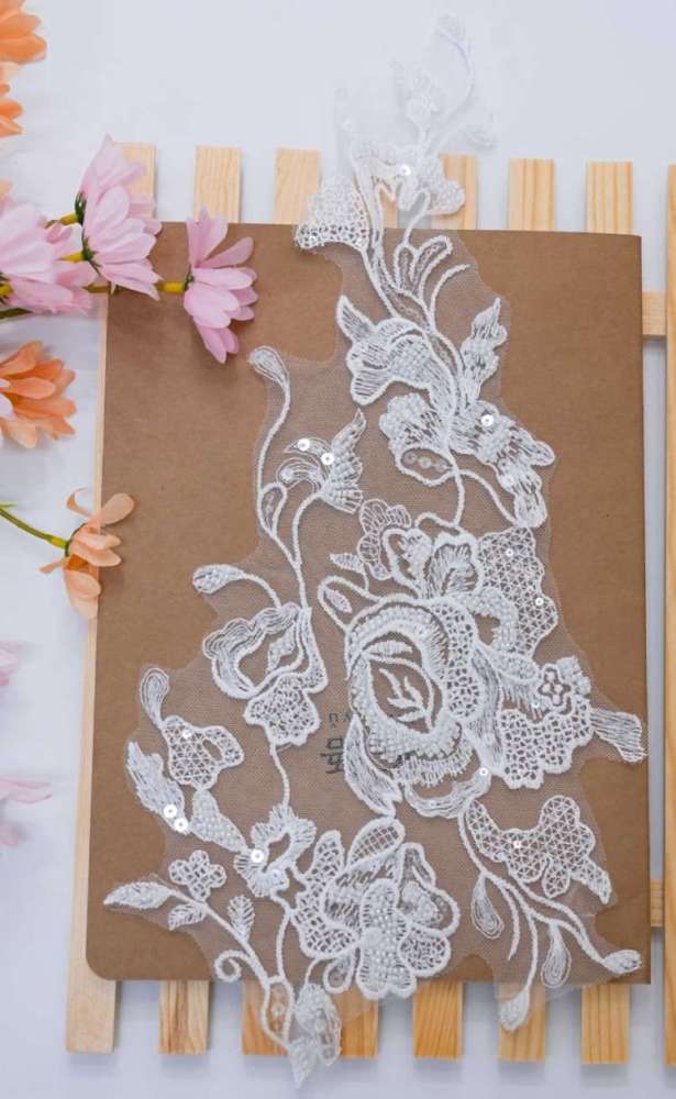 1 Yard Pair White Sequined Beaded Corded Embroidered 3D Floral Bridal Lace Trim Applique Material XB114