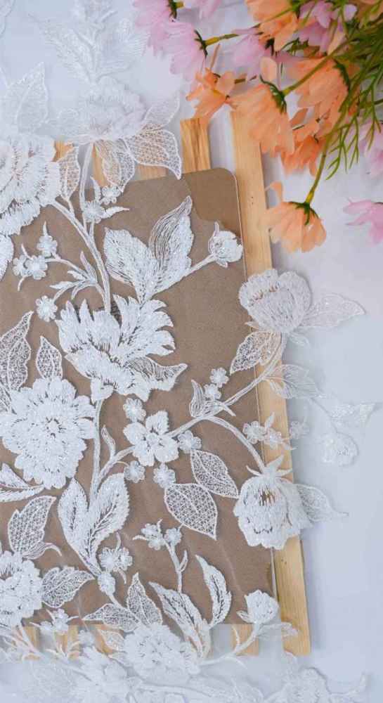 1 Yard Pair White Sequined Beaded Corded Embroidered 3D Floral Bridal Lace Trim Applique Material XB126