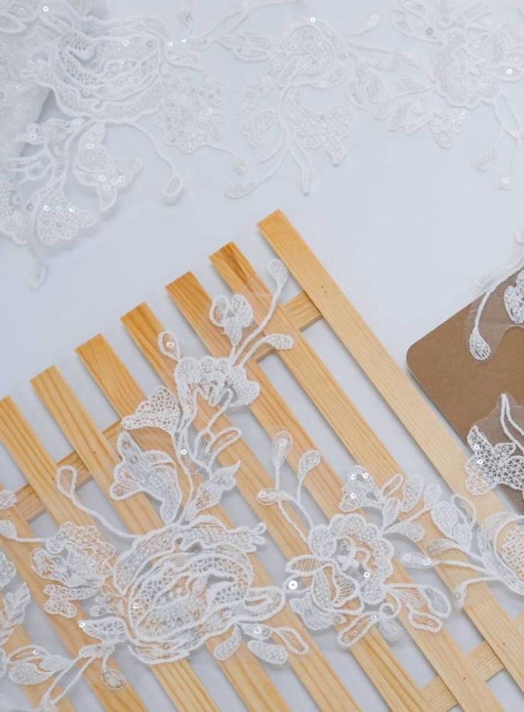1 Yard Pair White Sequined Beaded Corded Embroidered 3D Floral Bridal Lace Trim Applique Material XB114