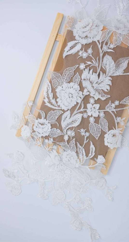 1 Yard Pair White Sequined Beaded Corded Embroidered 3D Floral Bridal Lace Trim Applique Material XB126