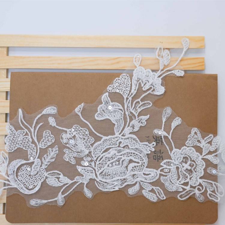 1 Yard Pair White Sequined Beaded Corded Embroidered 3D Floral Bridal Lace Trim Applique Material XB114