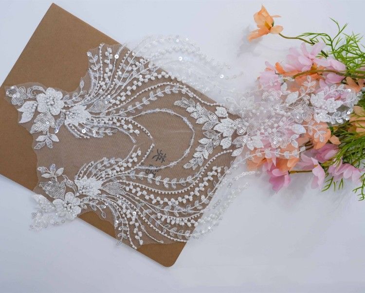 1 Yard Pair White Sequined Beaded Corded Embroidered 3D Floral Bridal Lace Trim Applique Material XB143