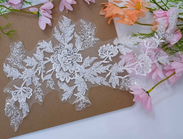 1 Yard Pair White Sequined Beaded Corded Embroidered 3D Floral Bridal Lace Trim Applique Material XB139