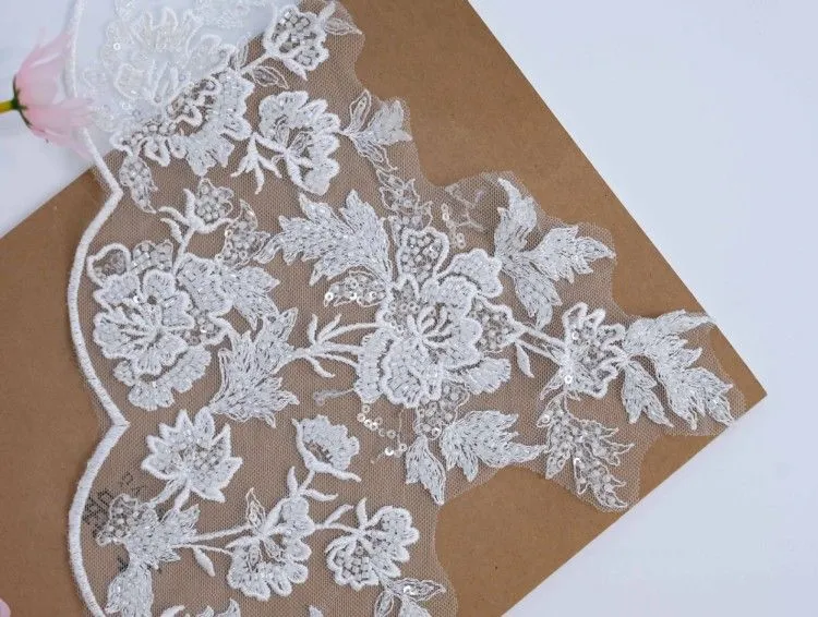 1 Yard Pair White Sequined Beaded Corded Embroidered 3D Floral Bridal Lace Trim Applique Material XB139