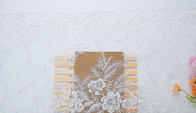 1 Yard Pair White Sequined Beaded Corded Embroidered 3D Floral Bridal Lace Trim Applique Material XB148