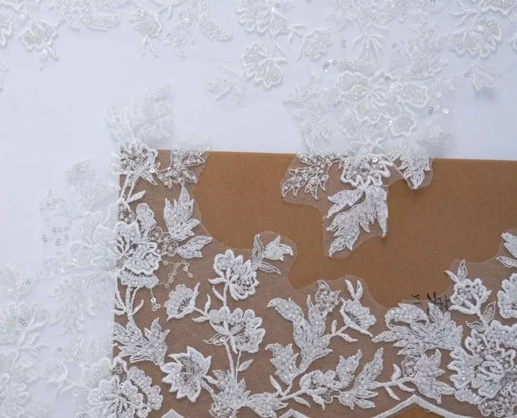 1 Yard Pair White Sequined Beaded Corded Embroidered 3D Floral Bridal Lace Trim Applique Material XB139
