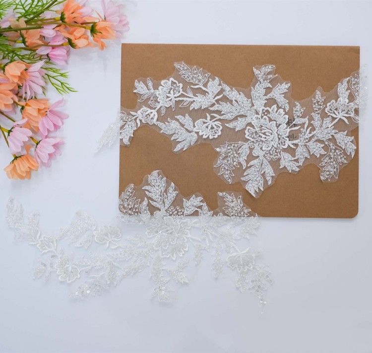 1 Yard Pair White Sequined Beaded Corded Embroidered 3D Floral Bridal Lace Trim Applique Material XB139