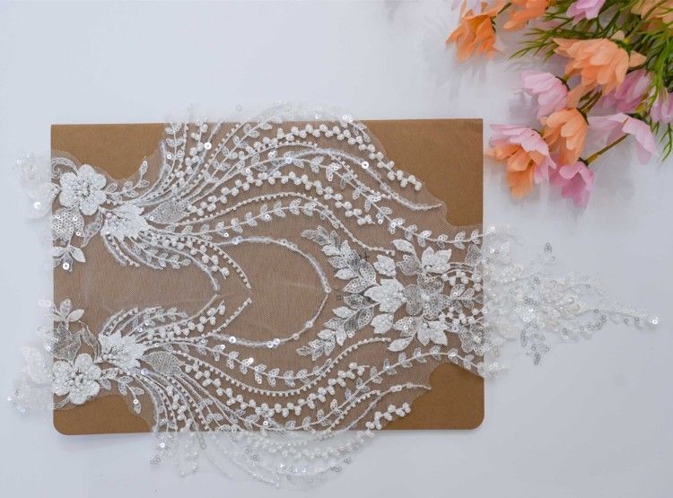 1 Yard Pair White Sequined Beaded Corded Embroidered 3D Floral Bridal Lace Trim Applique Material XB143