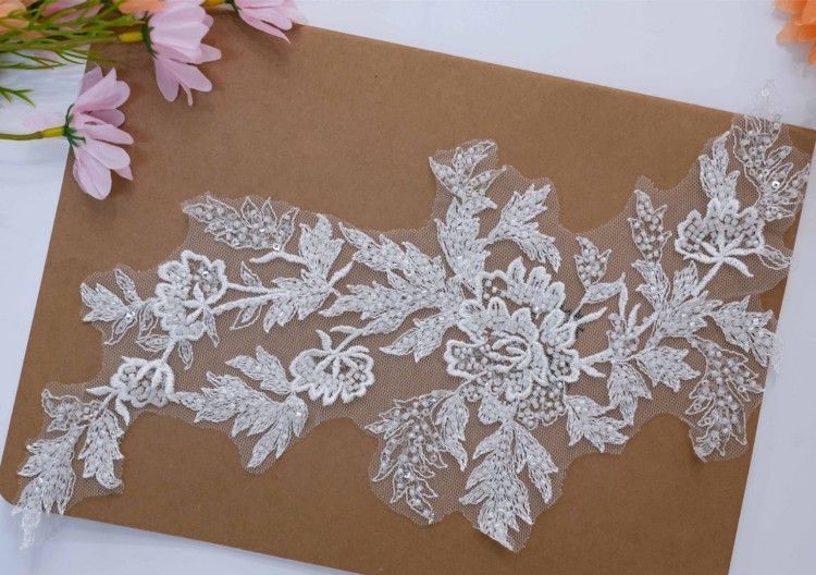1 Yard Pair White Sequined Beaded Corded Embroidered 3D Floral Bridal Lace Trim Applique Material XB139B
