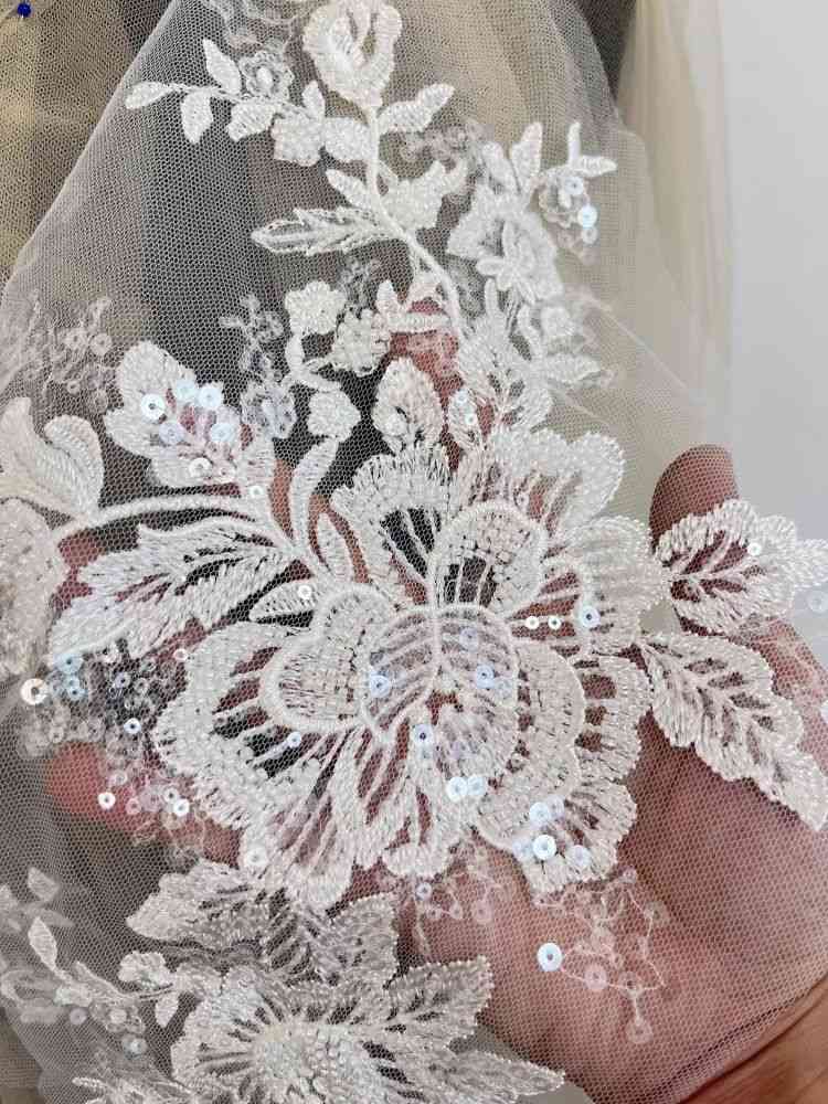 2 Pieces White Sequined Beaded Embroidered Bridal Lace Applique Material