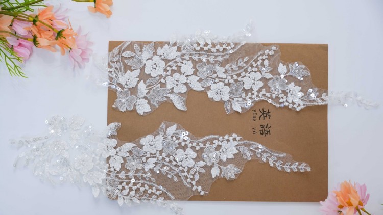 10 Pieces White Sequined Beaded Embroidered Bridal Lace Applique Material XB143B