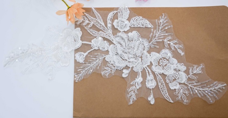 1 Yard Pair White Sequined Beaded Corded Embroidered 3D Floral Bridal Lace Trim Applique Material XB148B