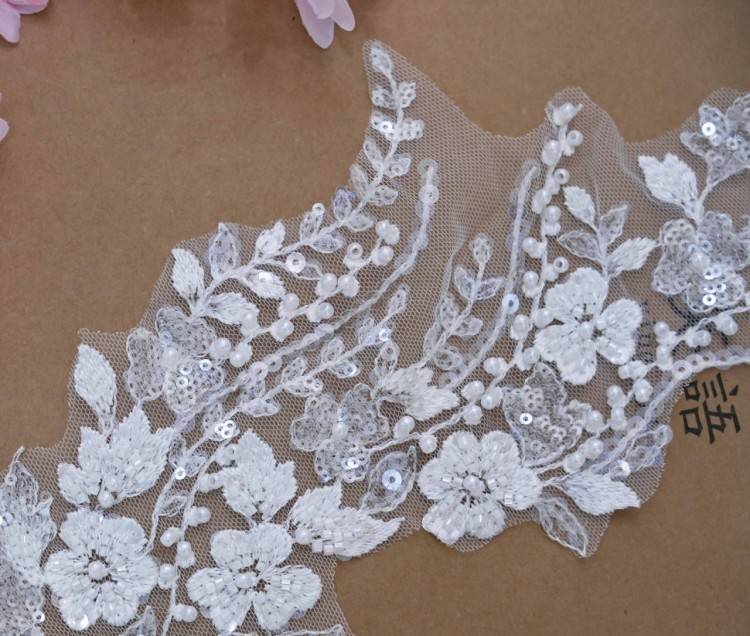 1 Yard Pair White Sequined Beaded Corded Embroidered 3D Floral Bridal Lace Trim Applique Material XB143