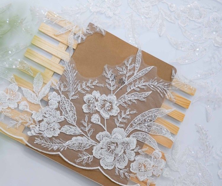 1 Yard Pair White Sequined Beaded Corded Embroidered 3D Floral Bridal Lace Trim Applique Material XB148