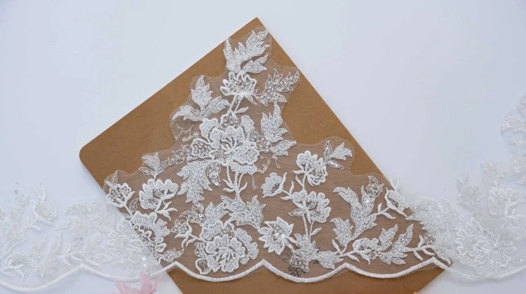 1 Yard Pair White Sequined Beaded Corded Embroidered 3D Floral Bridal Lace Trim Applique Material XB139C