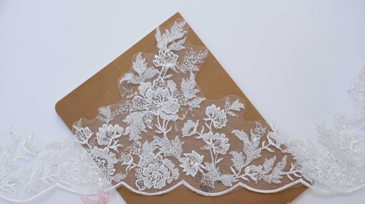 1 Yard Pair White Sequined Beaded Corded Embroidered 3D Floral Bridal Lace Trim Applique Material XB139C