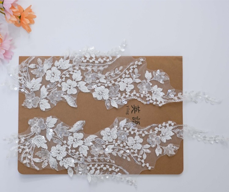 1 Yard Pair White Sequined Beaded Corded Embroidered 3D Floral Bridal Lace Trim Applique Material XB143