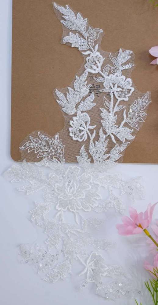 1 Yard Pair White Sequined Beaded Corded Embroidered 3D Floral Bridal Lace Trim Applique Material XB139B