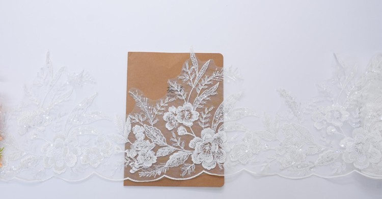 1 Yard Pair White Sequined Beaded Corded Embroidered 3D Floral Bridal Lace Trim Applique Material XB148C
