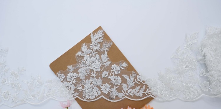 1 Yard Pair White Sequined Beaded Corded Embroidered 3D Floral Bridal Lace Trim Applique Material XB139C