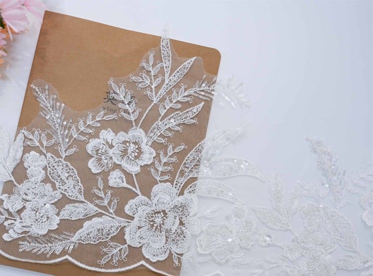 1 Yard Pair White Sequined Beaded Corded Embroidered 3D Floral Bridal Lace Trim Applique Material XB148
