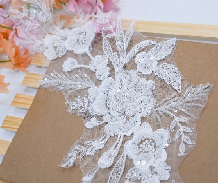 1 Yard Pair White Sequined Beaded Corded Embroidered 3D Floral Bridal Lace Trim Applique Material XB148