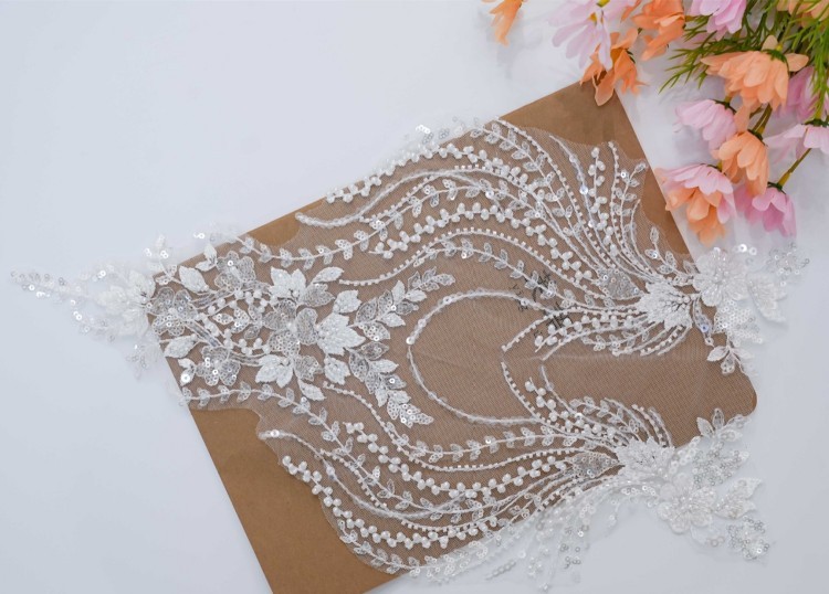1 Yard Pair White Sequined Beaded Corded Embroidered 3D Floral Bridal Lace Trim Applique Material XB143