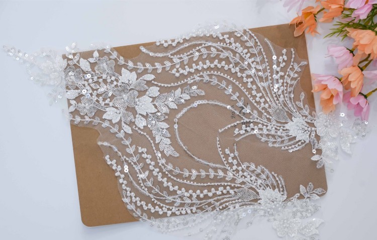 1 Yard Pair White Sequined Beaded Corded Embroidered 3D Floral Bridal Lace Trim Applique Material XB143