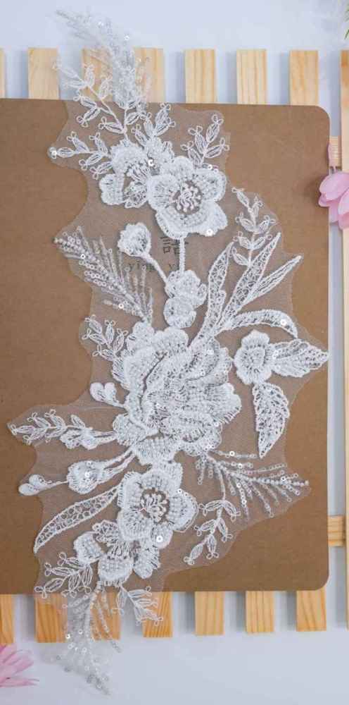 1 Yard Pair White Sequined Beaded Corded Embroidered 3D Floral Bridal Lace Trim Applique Material XB148
